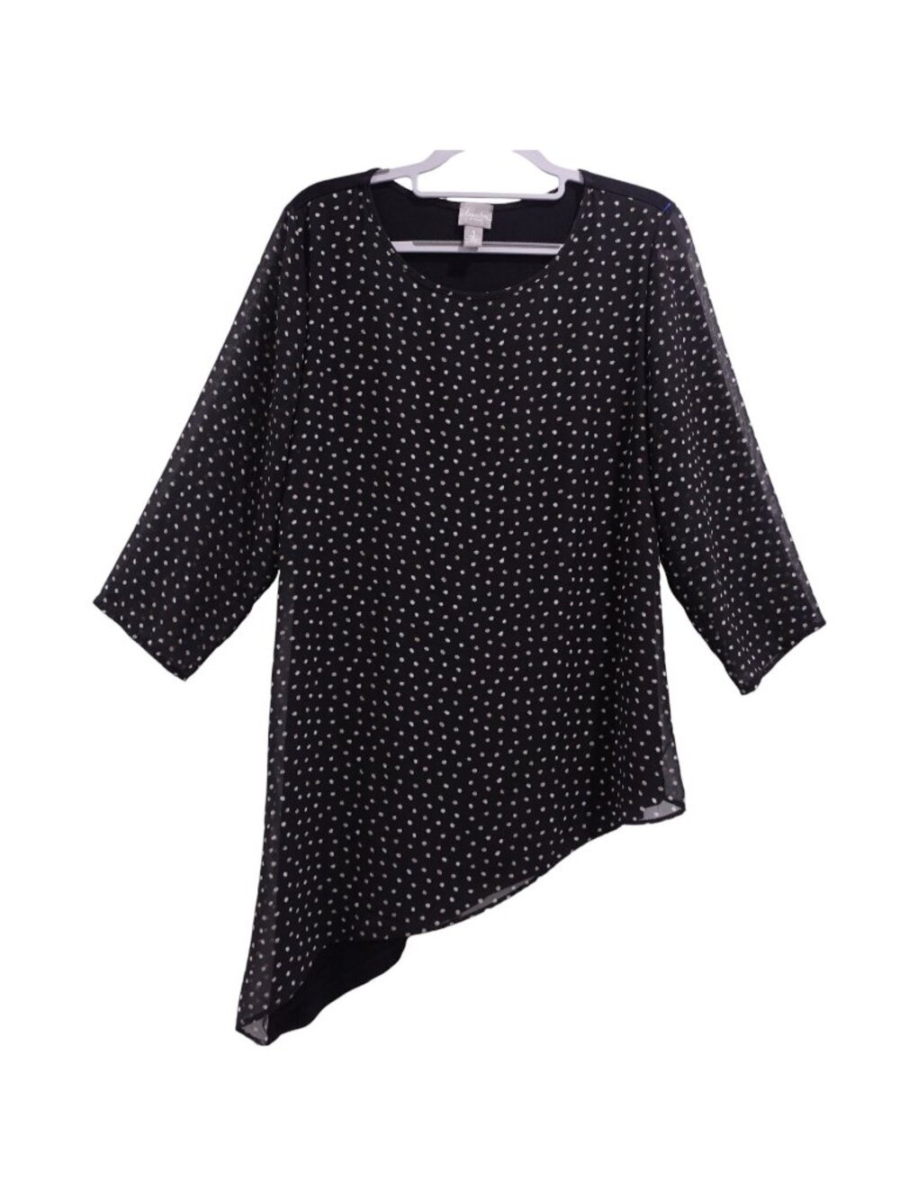 Chico's Travelers Blouse Sz 1 US 8 Black Polka Dots Sheer Sleeves Asymmetric Hem